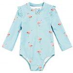 3. Flamingo Print on Canal Blue Long Sleeve Swimsuit