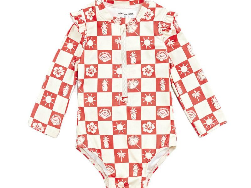7. Island Time Checkerboard Print Long Sleeve Swimsuit