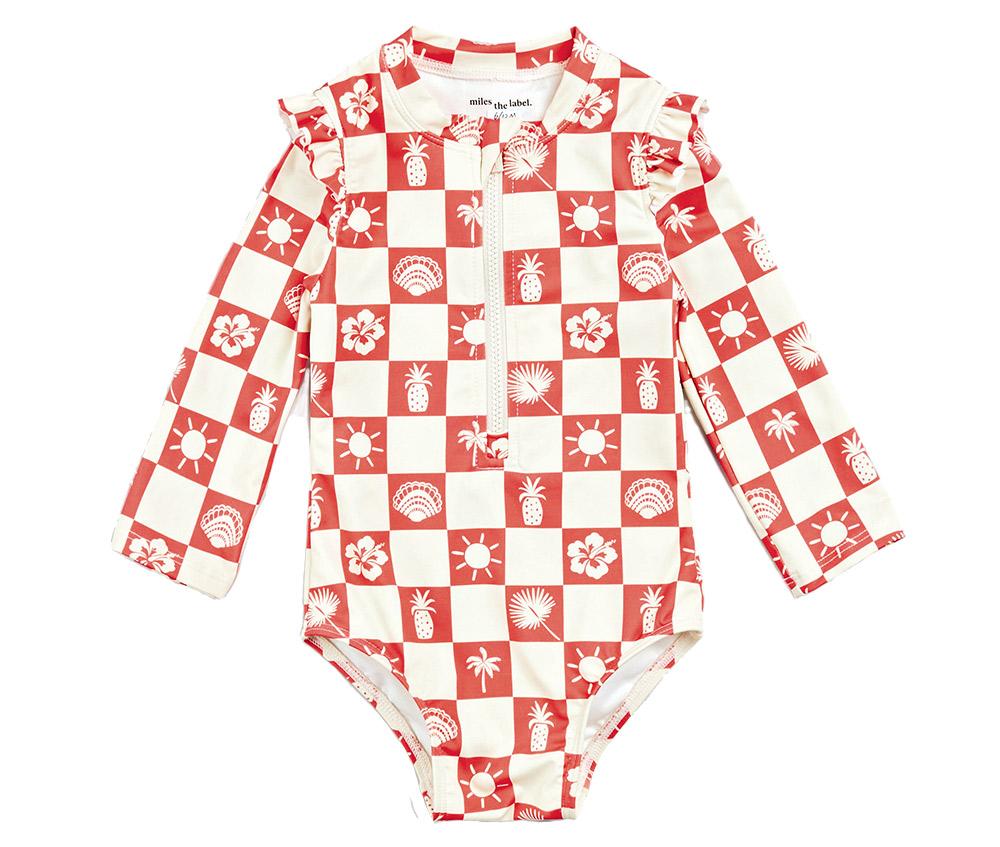 7. Island Time Checkerboard Print Long Sleeve Swimsuit